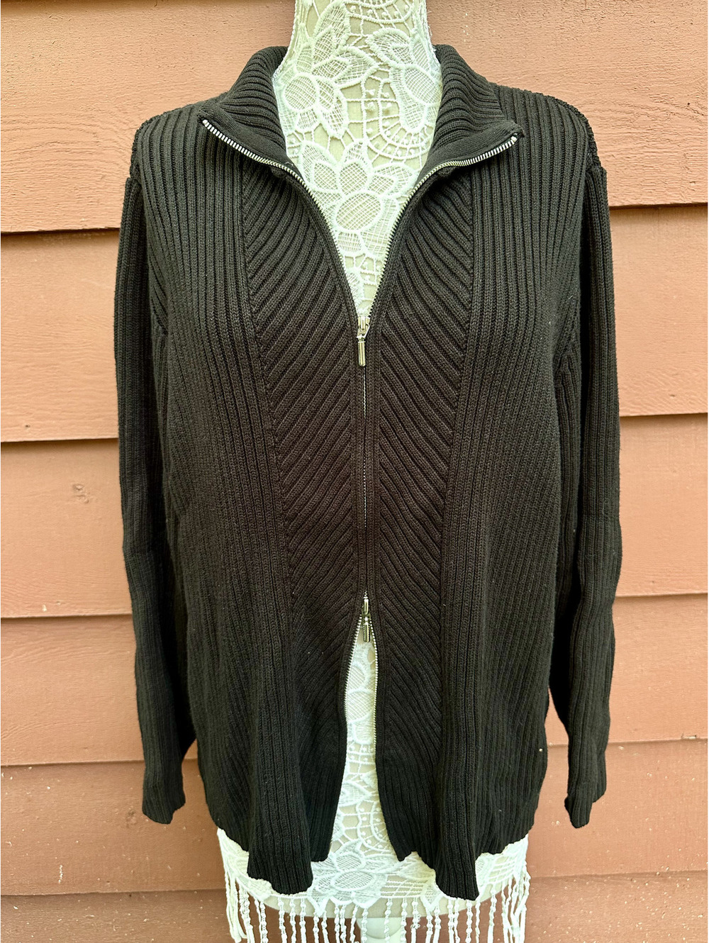 Vintage Liz Claiborne Villager Sport Black Ribbed Knit Zip Front Cardigan